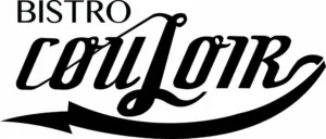 Bistro Couloir Sort/hvidt logo for Bistro Couloir på Restaurant Krimsvej, med stiliseret manuskripttekst og en dekorativ pil nedenunder.